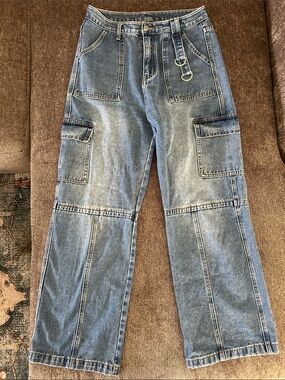 Cider Light Blue Wide-Leg Cargo Jeans